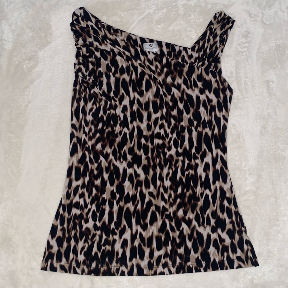 Worthington Sleeveless Animal Print Black/Brown Med Stretch Women’s Blouse Shirt